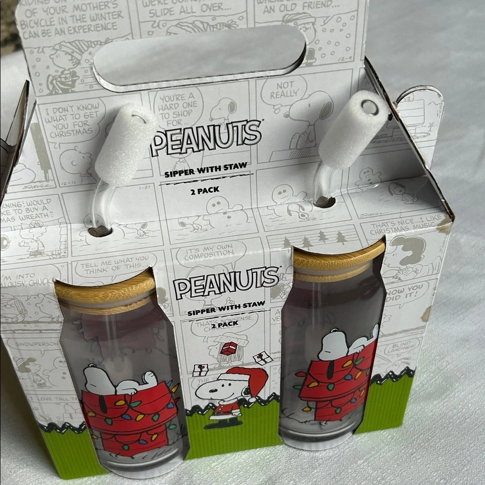 Peanuts Sipper with Straw 2 pack, Snoopy on Dog House with Christmas Lights NEW